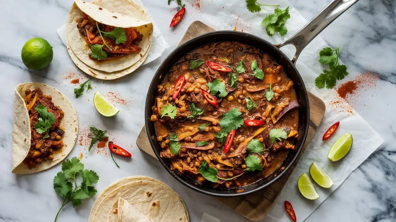 Spicy vegan skillet tacos with lentils
