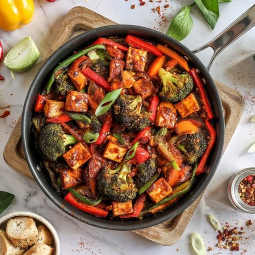 Spicy vegan tofu stir fry with vibrant