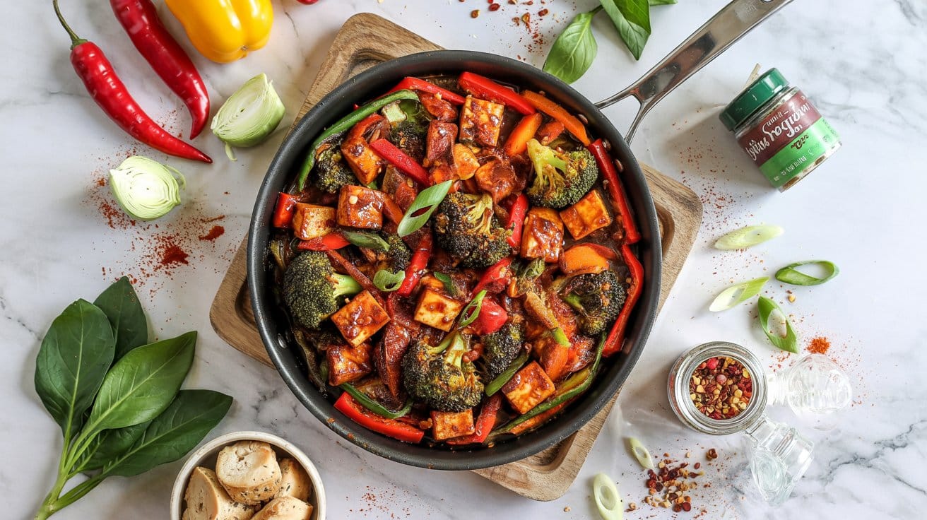 Spicy vegan tofu stir fry with vibrant