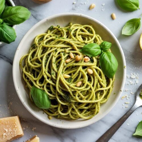 Vegan pesto pasta a bright overhead bo