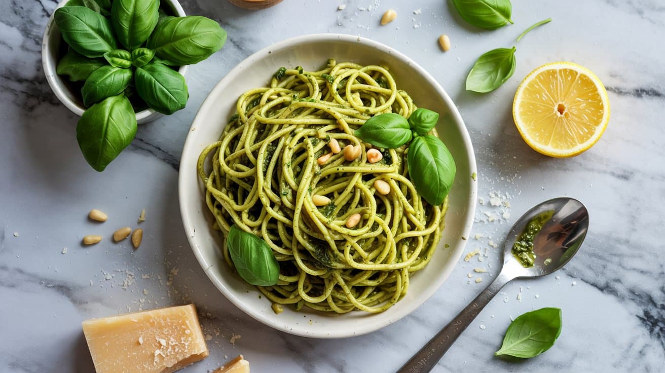Vegan pesto pasta a bright overhead bo