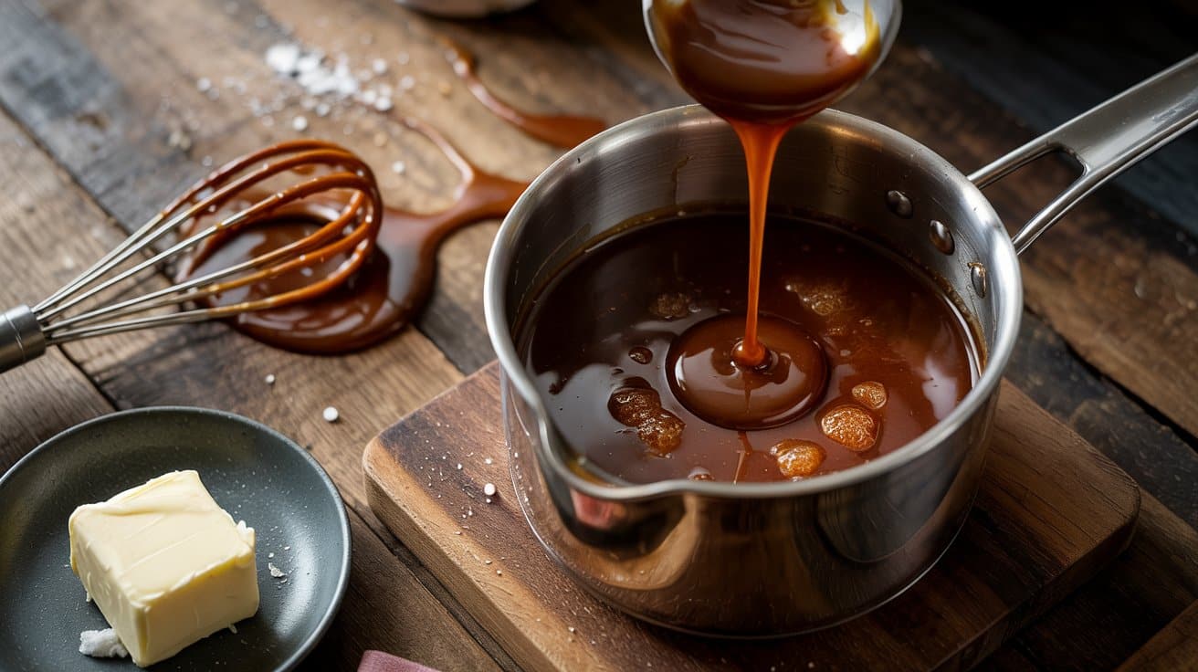 Caramel sauce a warm glossy top down