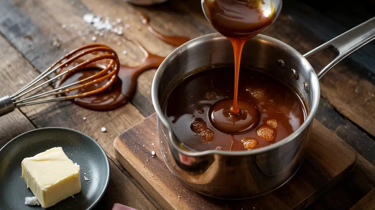 Caramel sauce a warm glossy top down