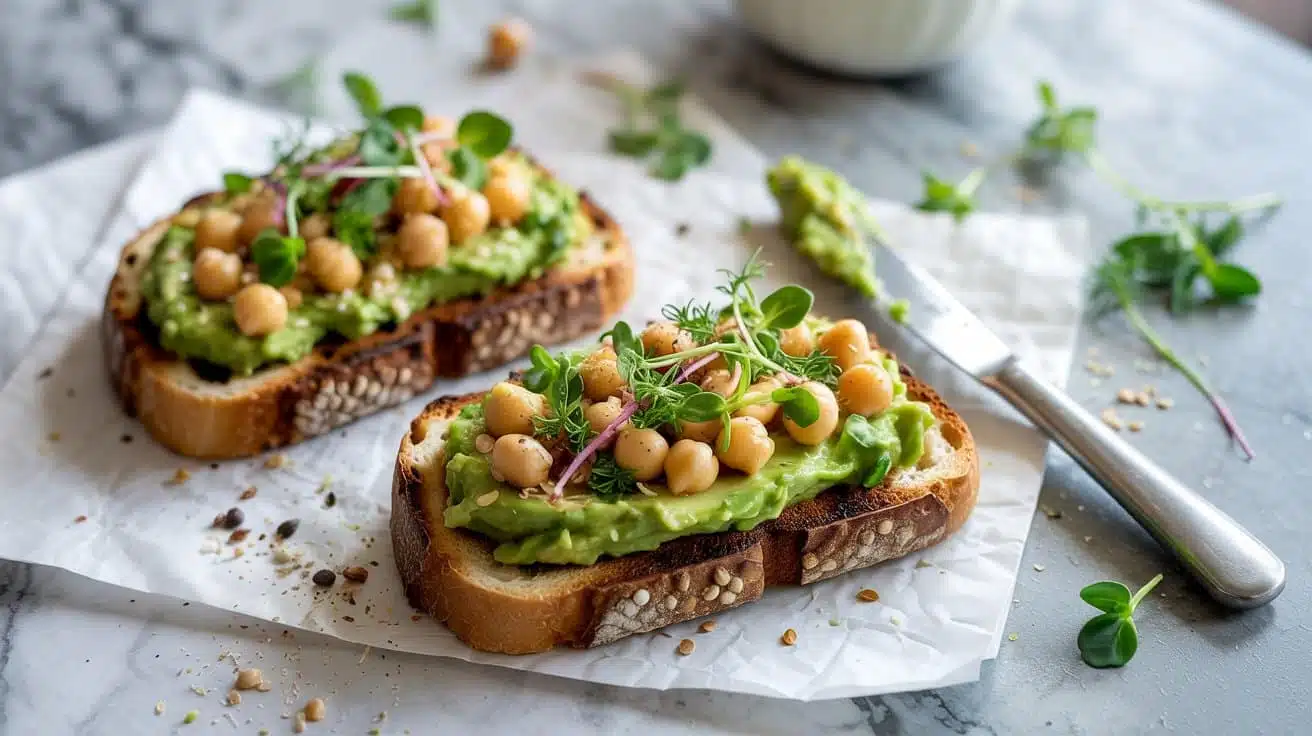 Chickpea avocado toasts with microgre mdqawi