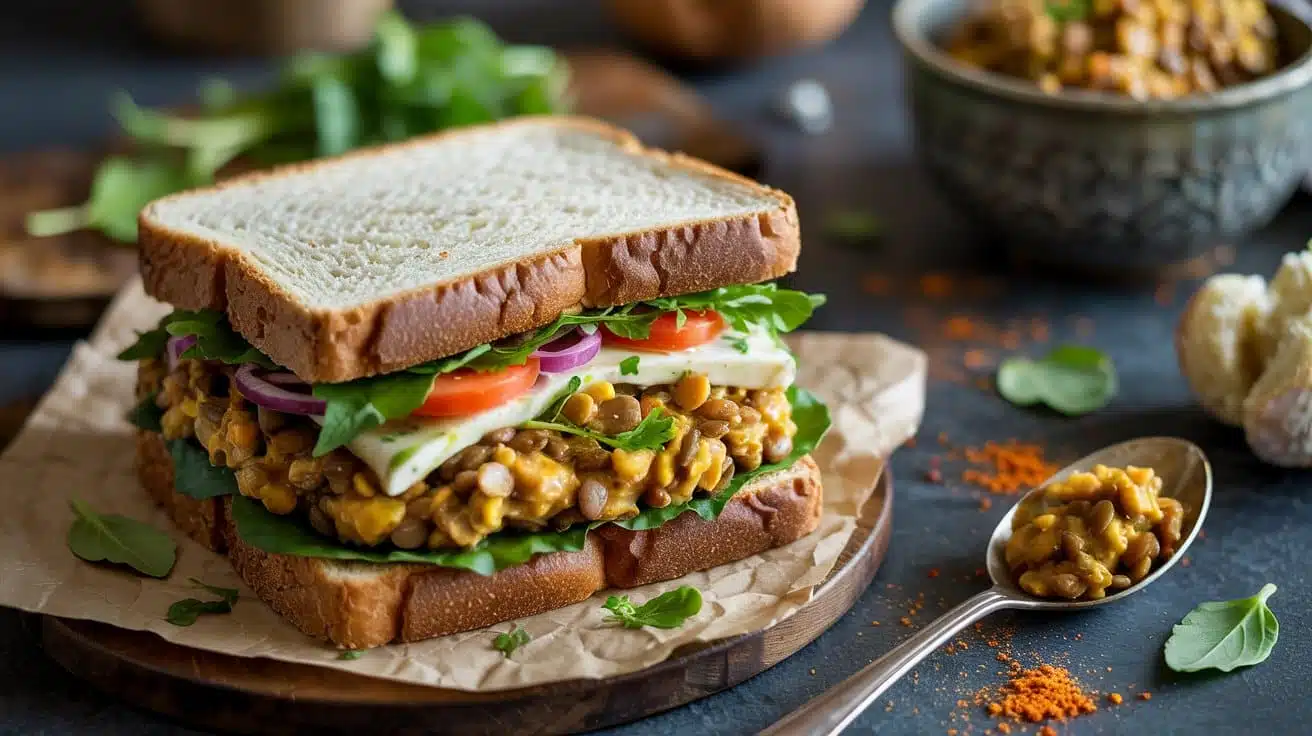 Curried lentil salad sandwich on whol w