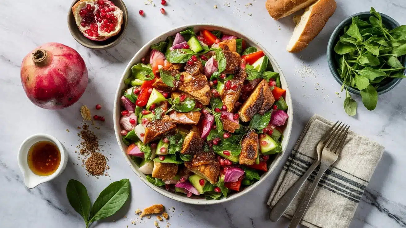 Fattoush salad dressed with tangy pom w