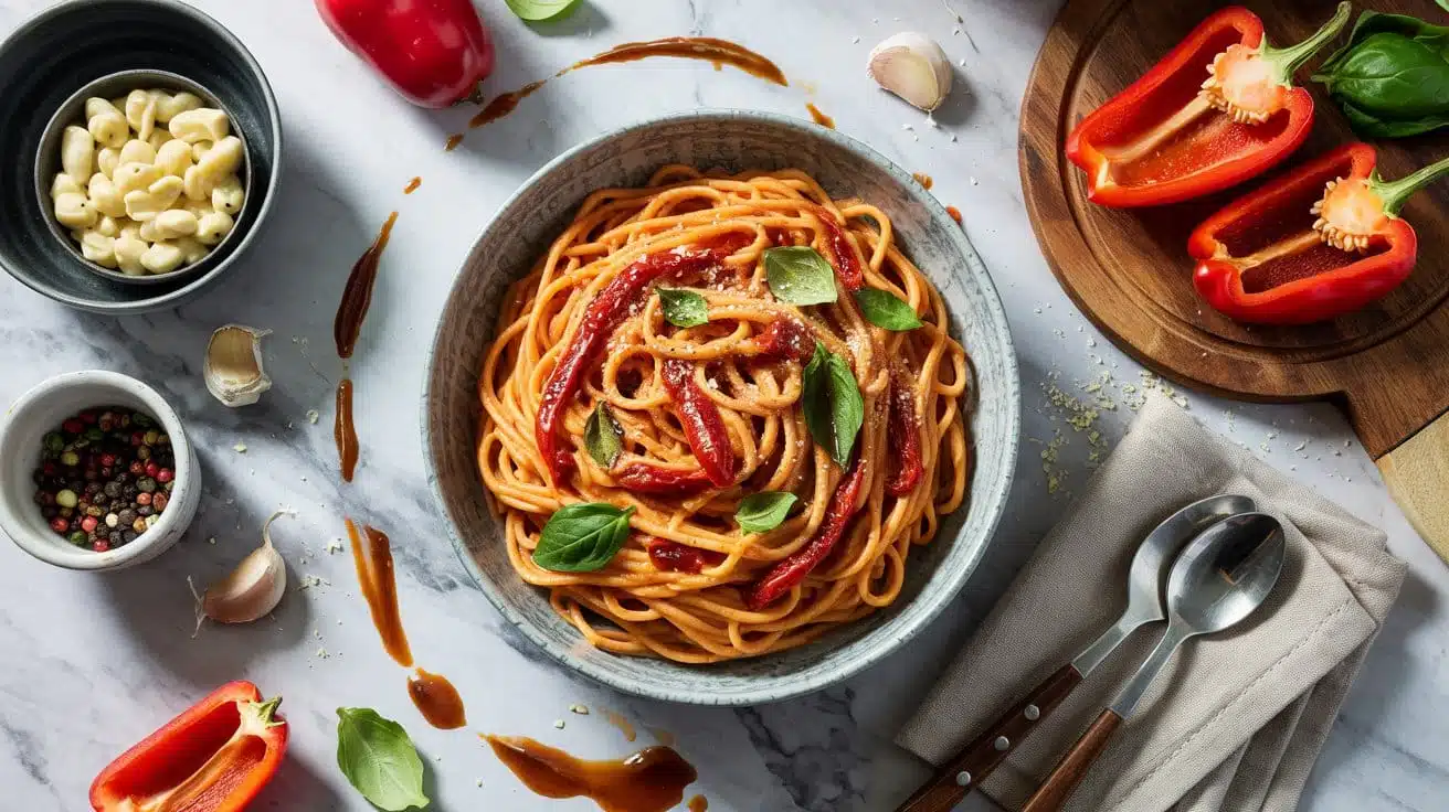 Roasted red pepper pasta with sweet s