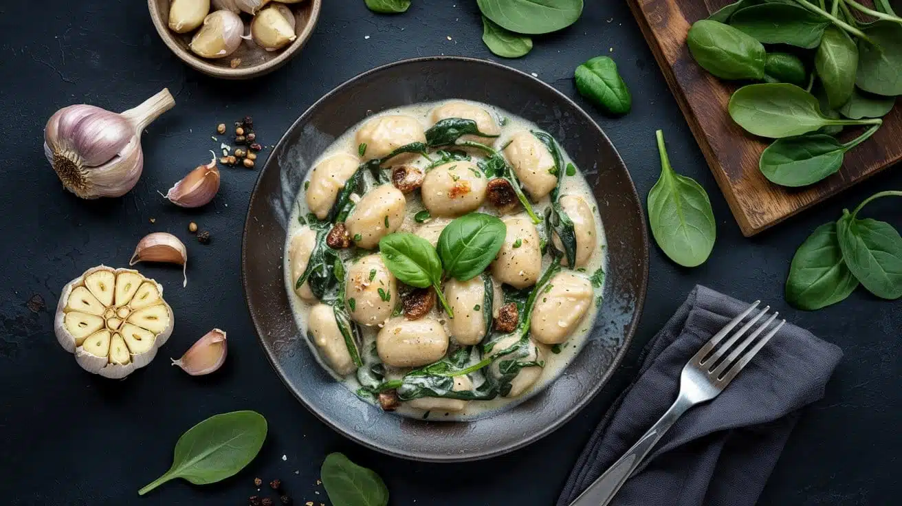 Spinach and roasted garlic vegan gnoc