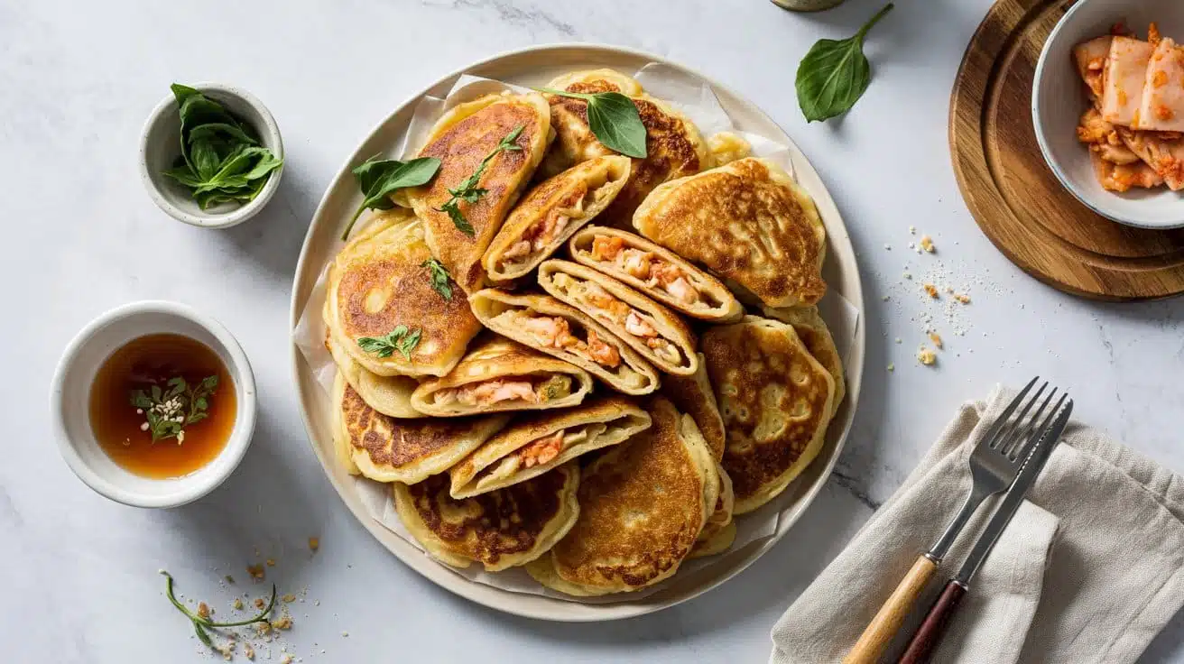 Stuffed kimchi pancakes with crispy