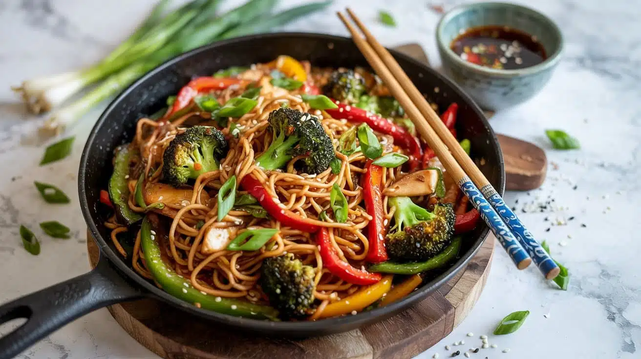 Vegan stir fry noodle skillet with ve mco