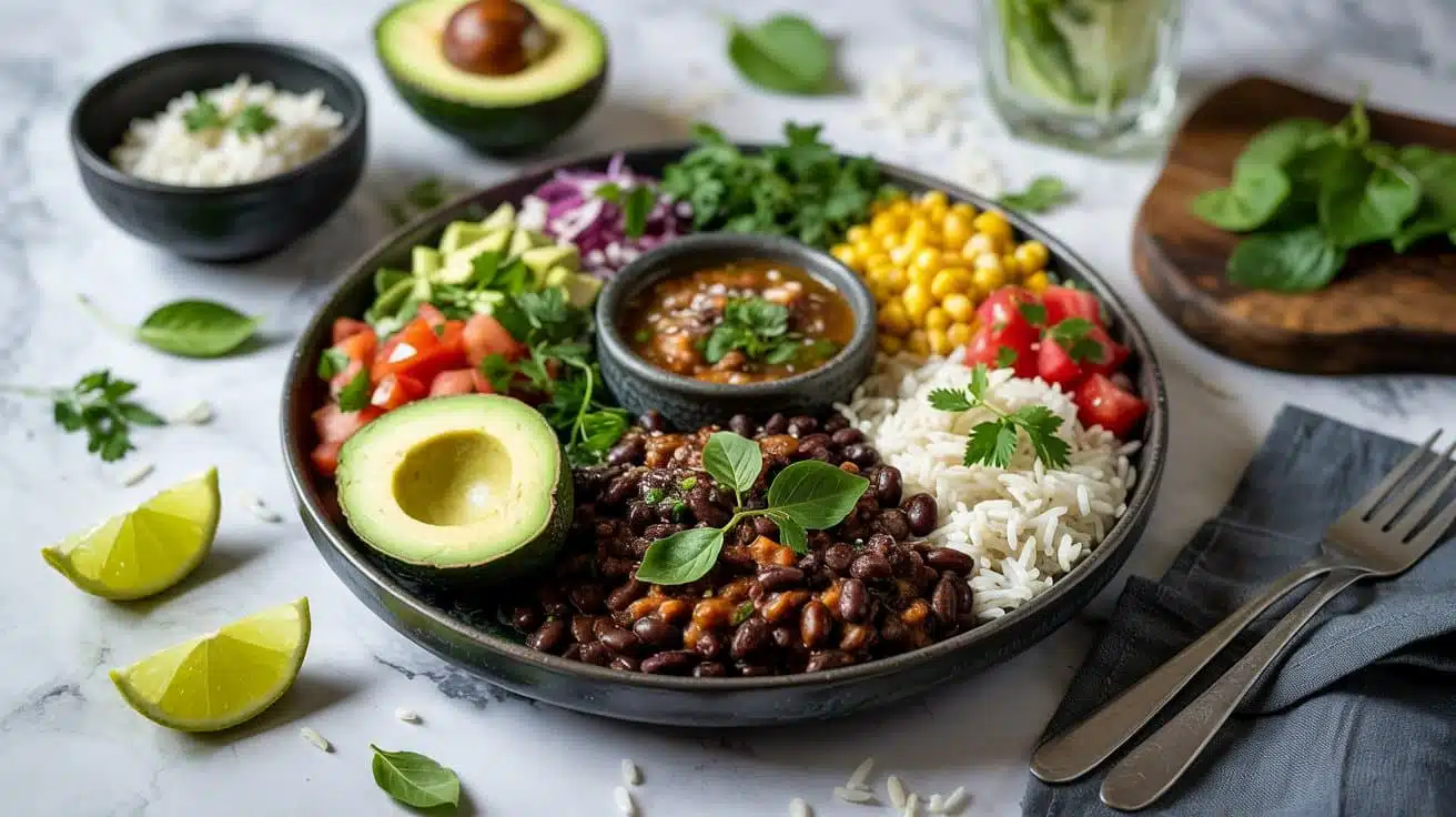 Black bean and rice bowl platter plac