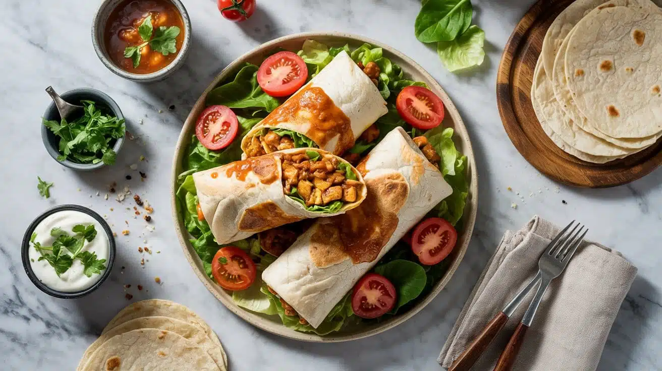 Buffalo tempeh burritos with lettuce