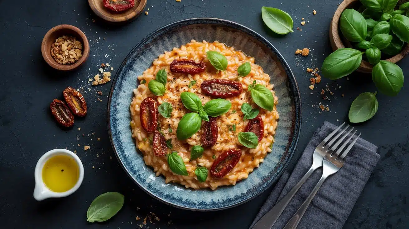 Flavor packed vegan risotto with sun