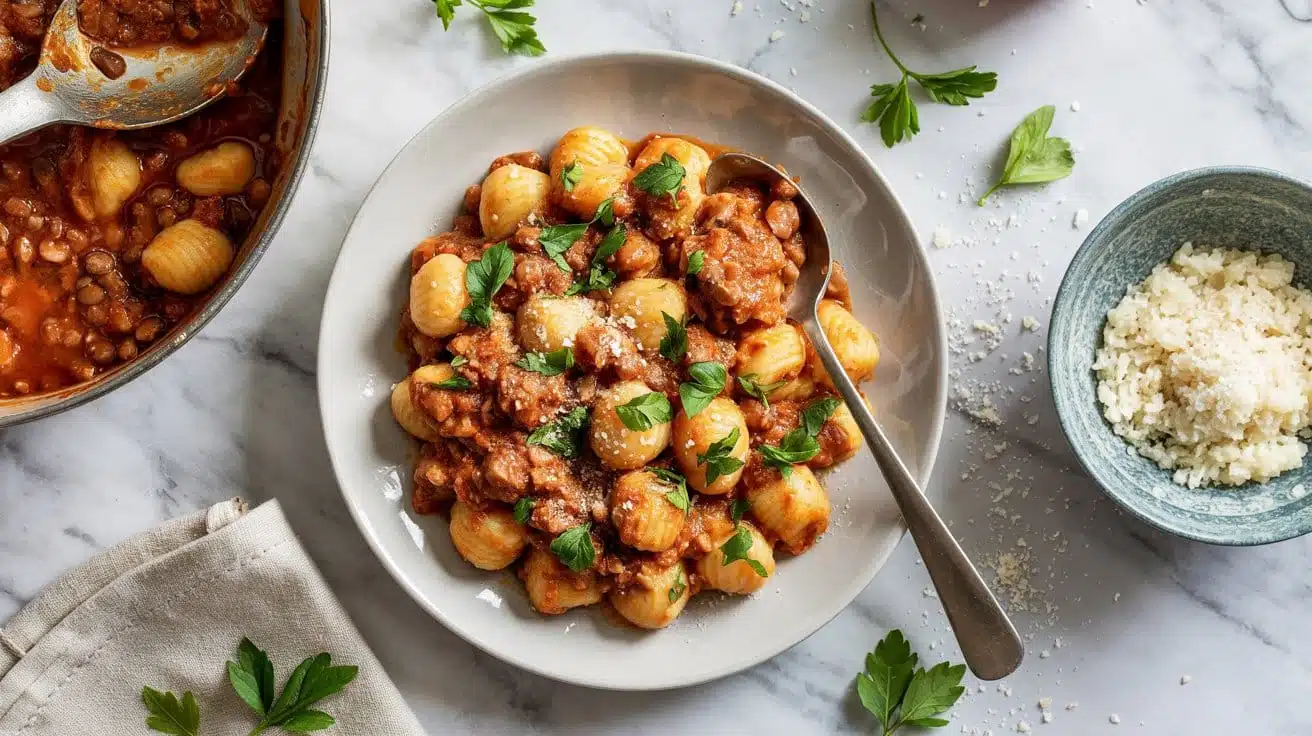 Lentil bolognese paired with vegan gn