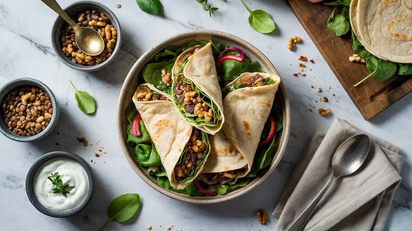 Lentil walnut taco wrap with crunchy