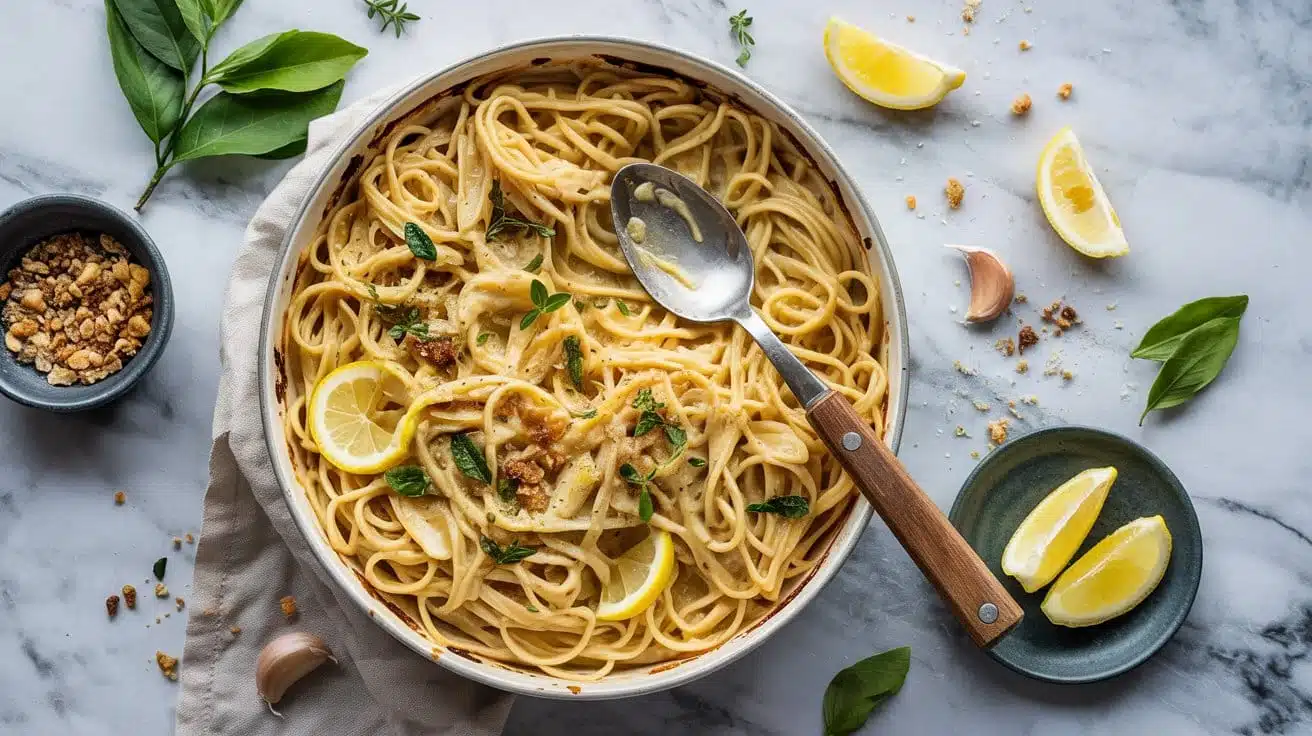Baked garlic lemon pasta in one dish