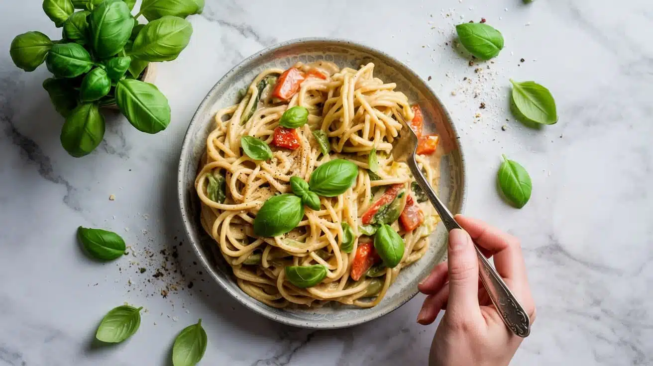 Creamy vegan pasta primavera with bas at8l w