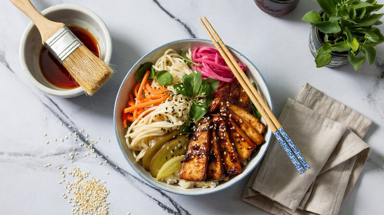 Korean bbq rice bowl with marinated t