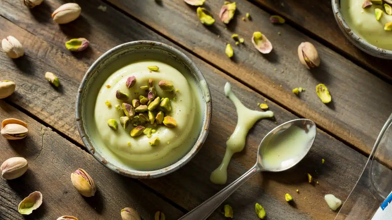 Pistachio pudding a bright overhead s