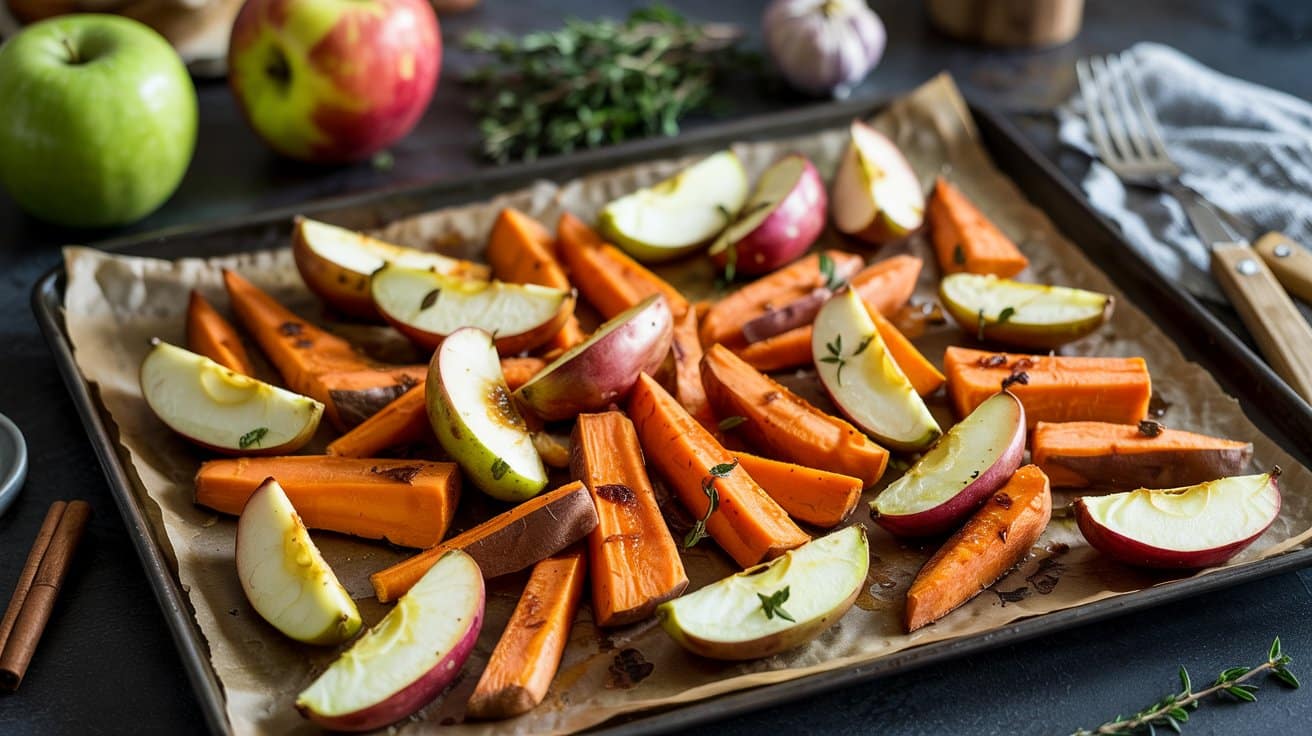 Sheet pan roasted sweet potatoes appl