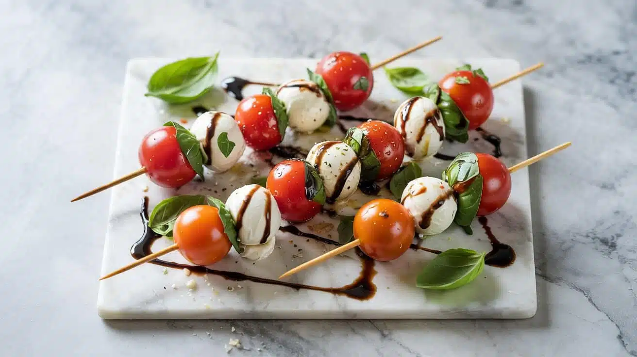 Caprese skewers with vegan ggu ysbfoa