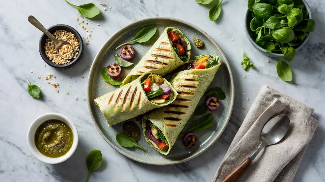 Grilled veggie and pesto wrap with it 2hucg