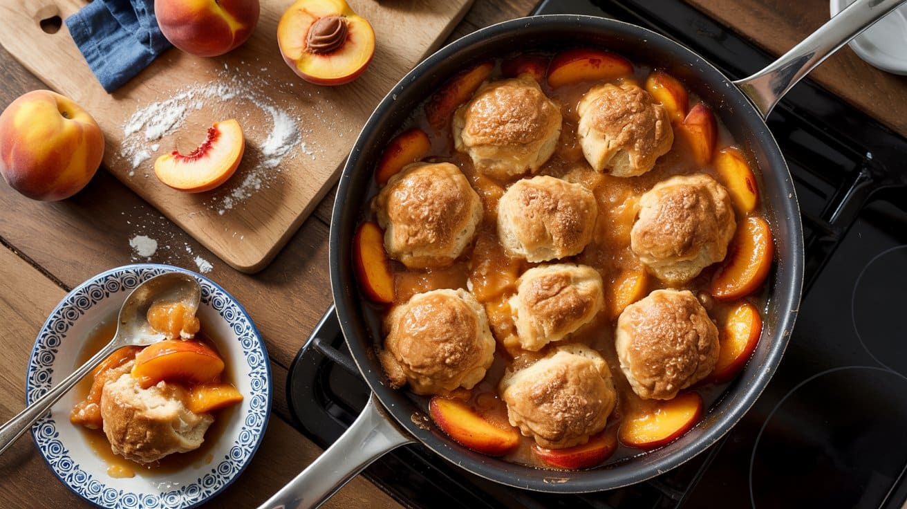 Peach cobbler on the stove a warm sum g
