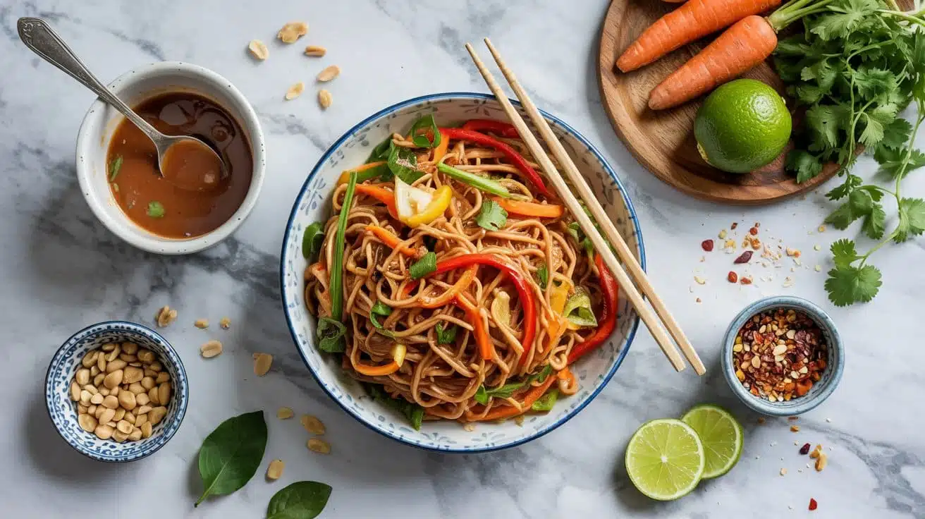Peanut noodles with veggies in thai i