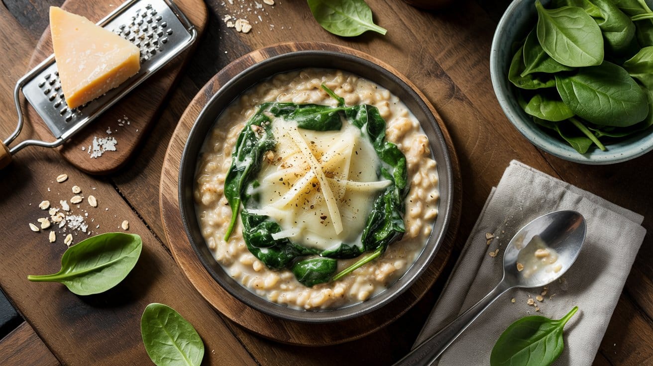 Savory oatmeal with cheese and spinac n93xg