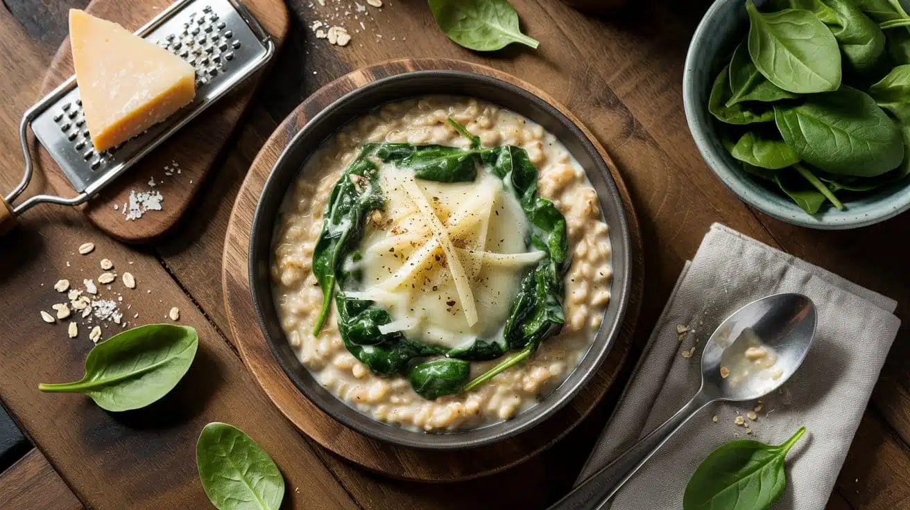 Savory oatmeal with cheese and spinac n93xg