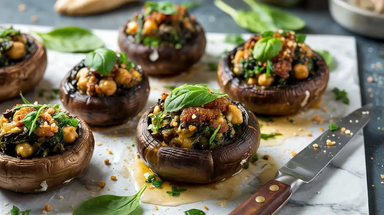 Spinach and chickpea stuffed portobel
