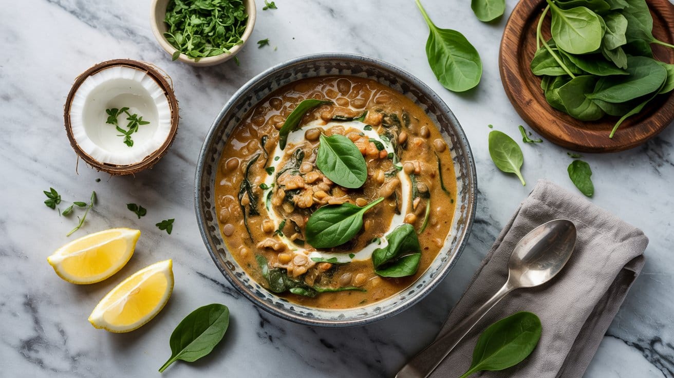 Spinach and lentil coconut curry for uqwoq