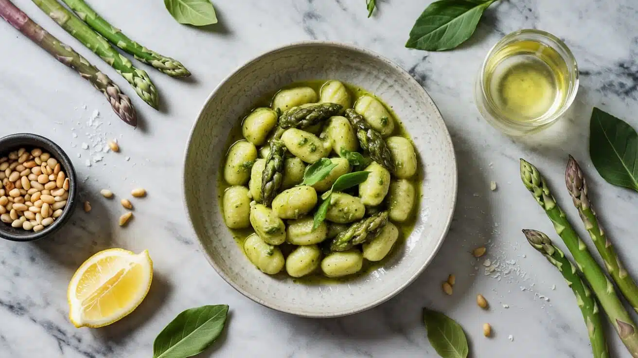 Vegan gnocchi served with asparagus p