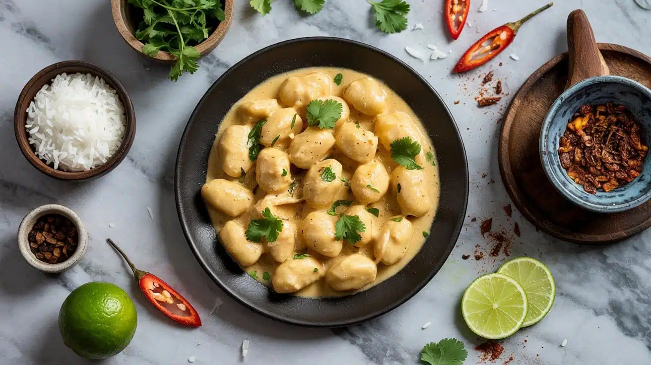 Coconut curry vegan gnocchi with glob