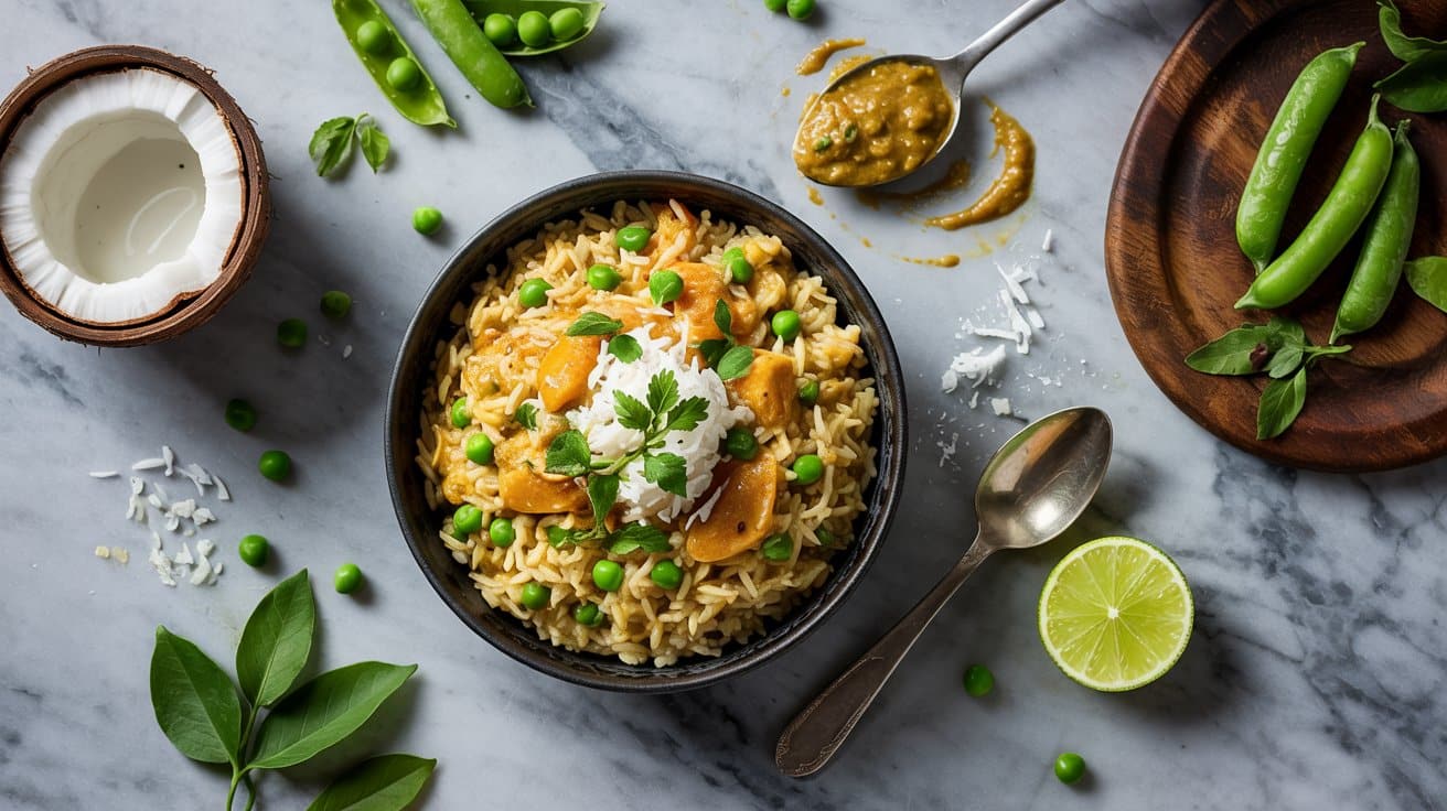 Curry coconut rice with peas and vibr prrt qc loyq