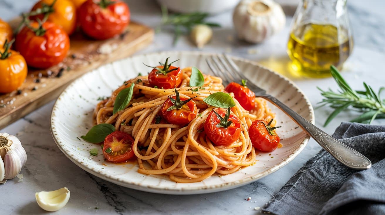 Garlic roasted tomato pasta with deep