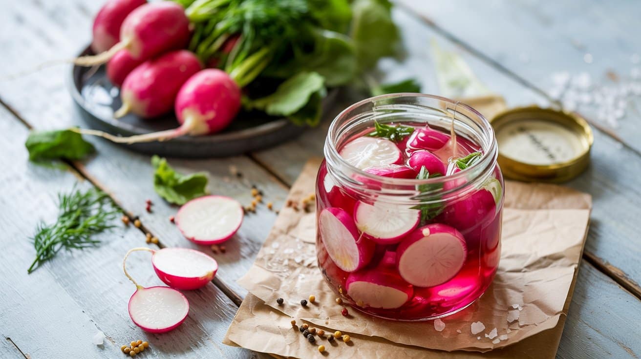 Quick pickled radishes a fresh top do