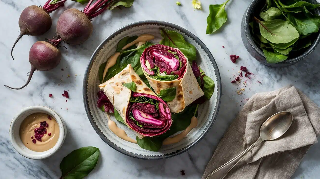 Roasted beet and tahini wrap with ear hbca