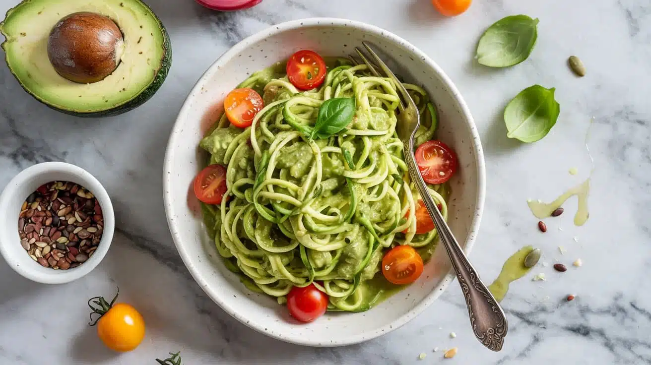 Zucchini noodles topped with avocado co16ydk