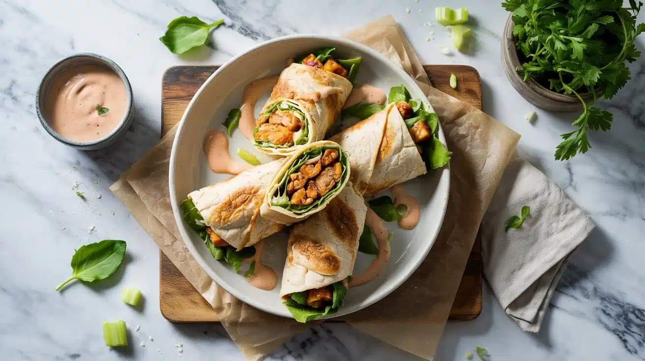 Buffalo tempeh and celery wrap with z