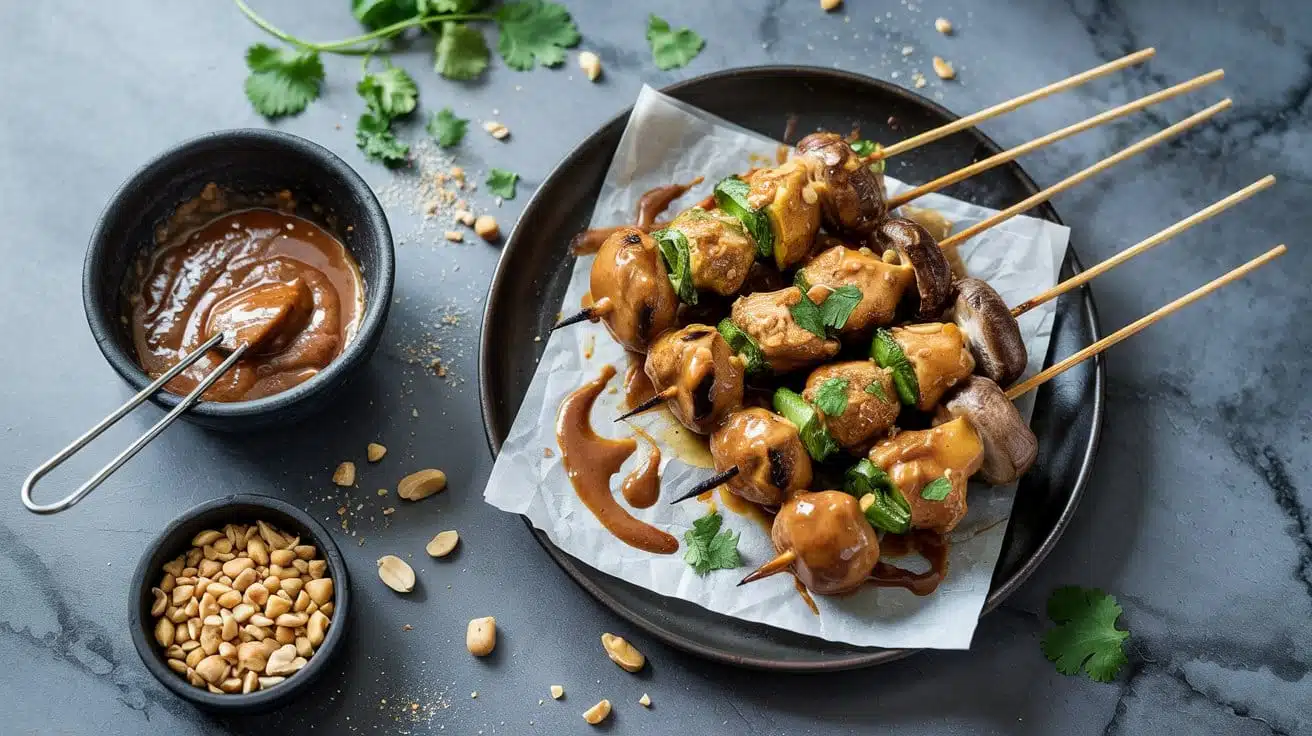 Peanut satay mushroom skewers ready
