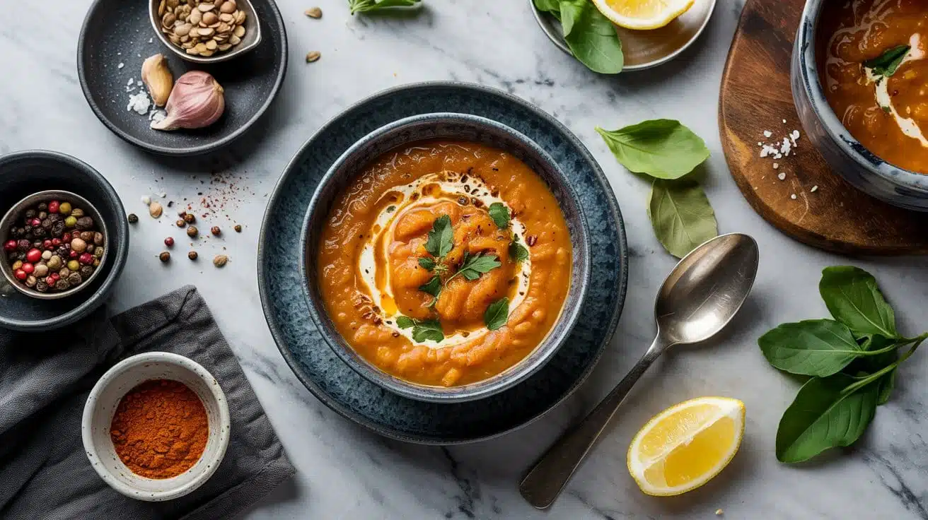 Spiced red lentil soup with creamy nu
