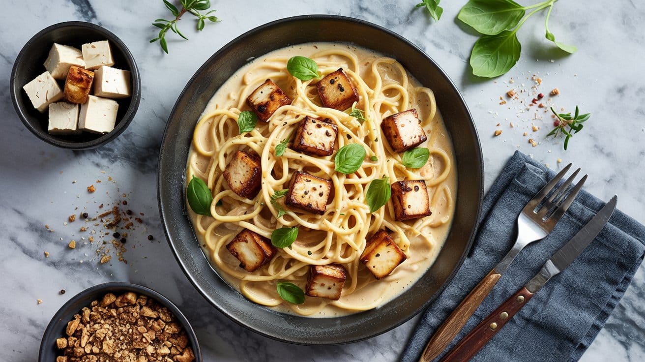 Vegan carbonara with smoked tofu and