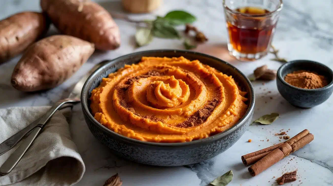 Vegan mashed sweet potatoes with spic klk