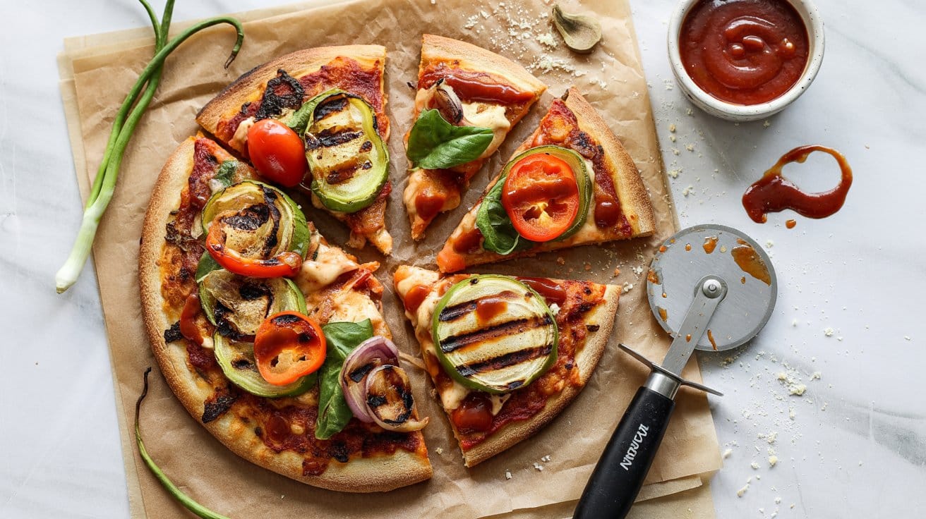 Grilled vegetable pizza topped with b rqpahw