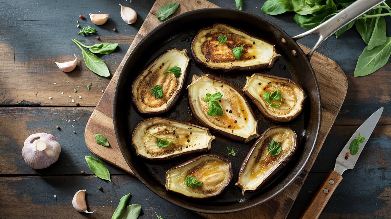 Pan seared eggplant slices a rustic t