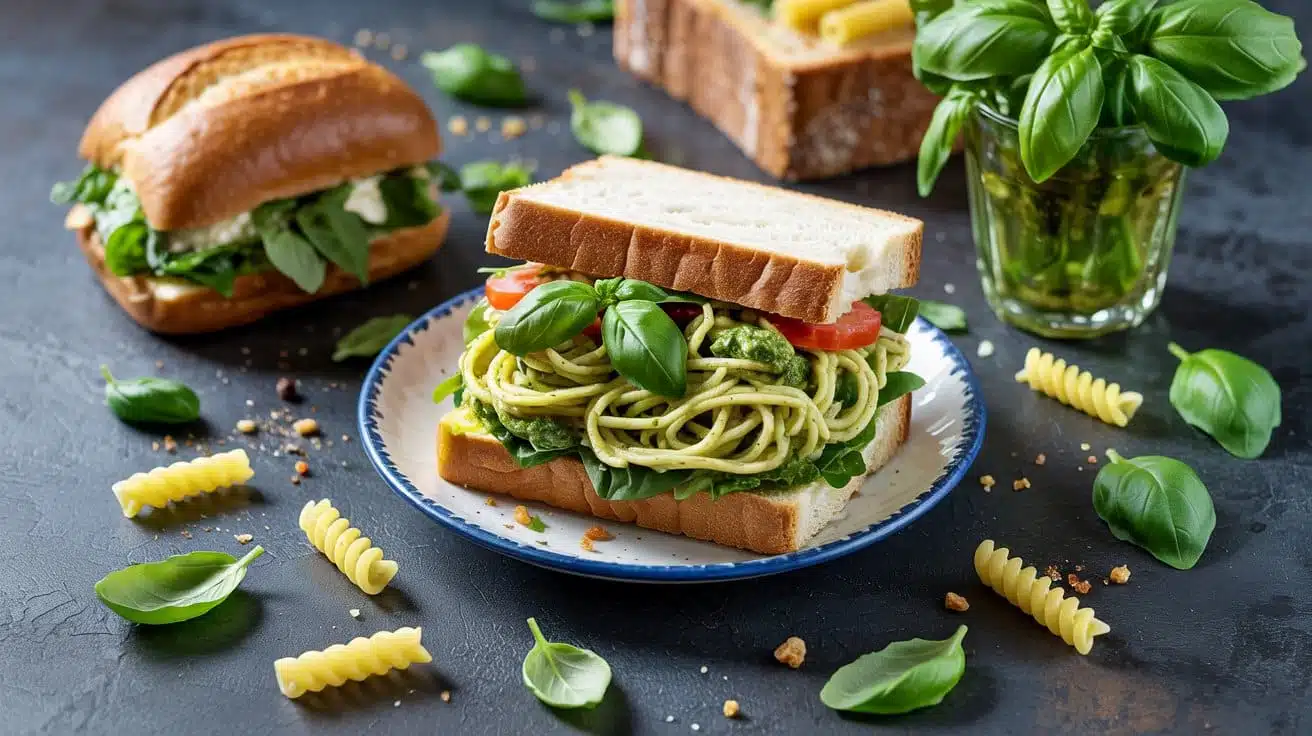 Pesto pasta salad sandwich for on the