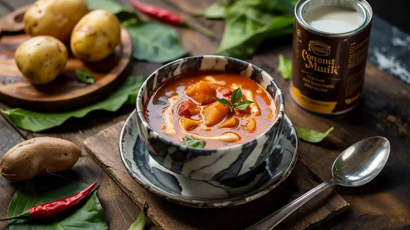 Red curry potato soup with coconut mi