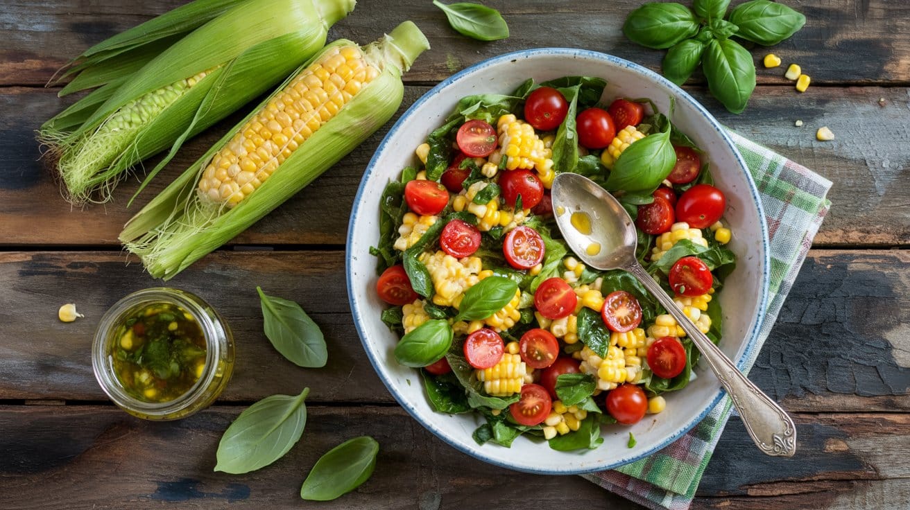 Sweet corn and tomato salad with basi