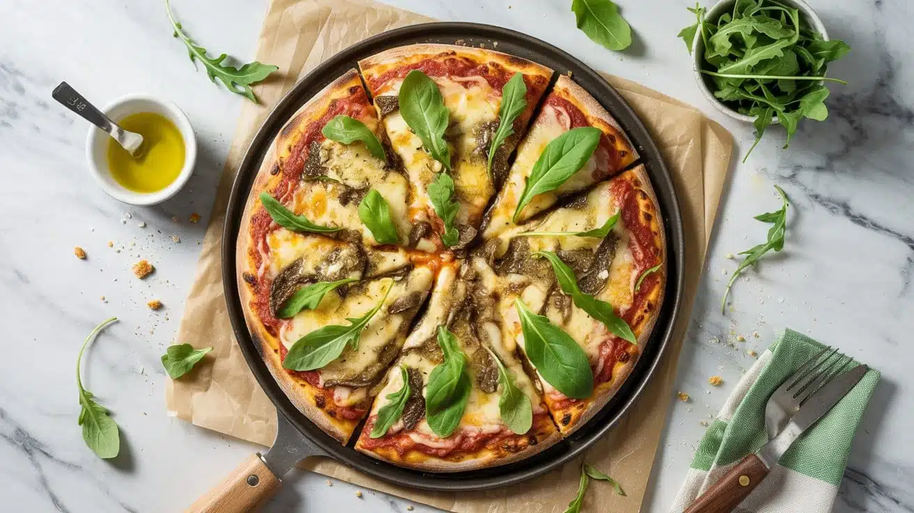 Vegan cheese and arugula pizza with t q